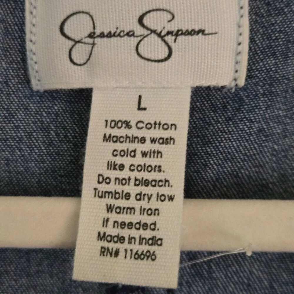 Jessica Simpson NWT Denim Puff Short Sleeve Scoop Neck Belted Jumpsuit Size L